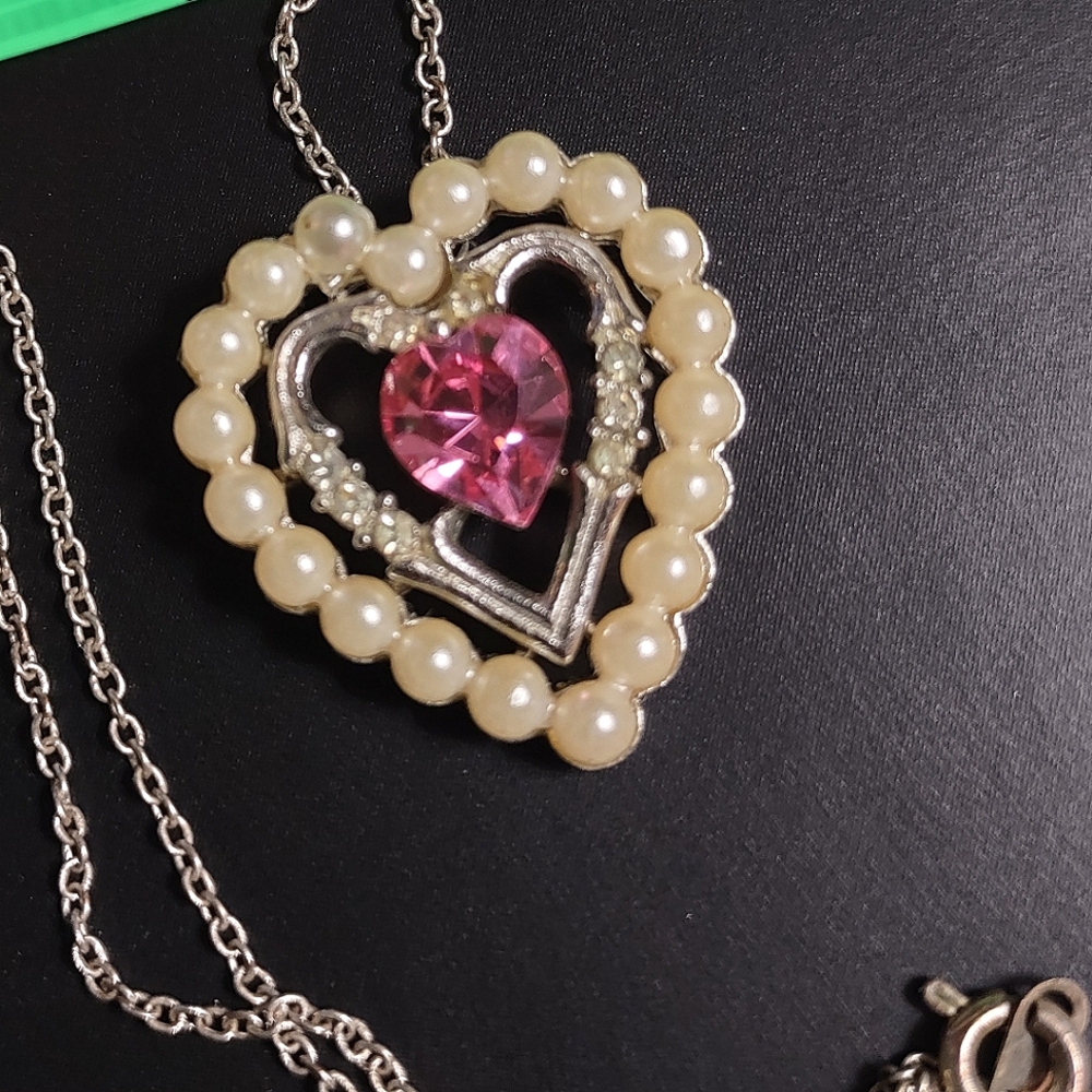 Avon Heart Pendant Pink Zircon & Pearls